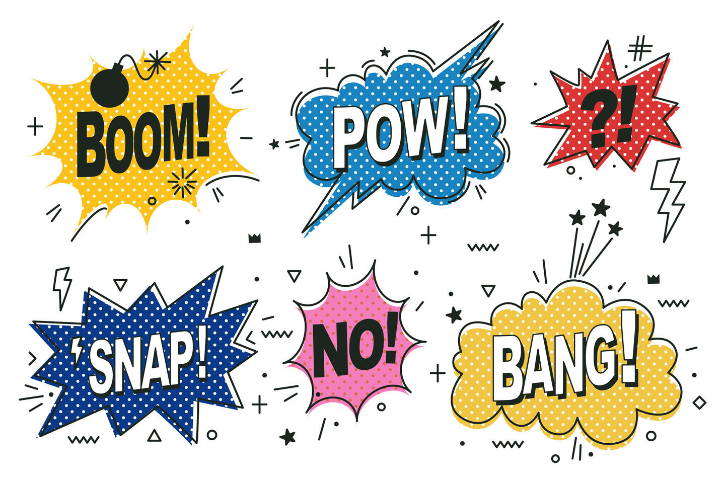 Diverses bulles de dialogue de style bande dessinée avec des mots comme "BOOM!", "POW!", "SNAP!", "NO!", et "BANG!" dans des couleurs vives et des motifs à pois, étoiles et éclairs, évoquant l'énergie et le dynamisme de la bande dessinée.