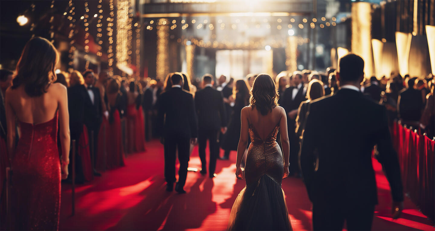 Invitados elegantemente vestidos caminan por la alfombra roja en el Festival de Cannes, con luces brillantes en el fondo.