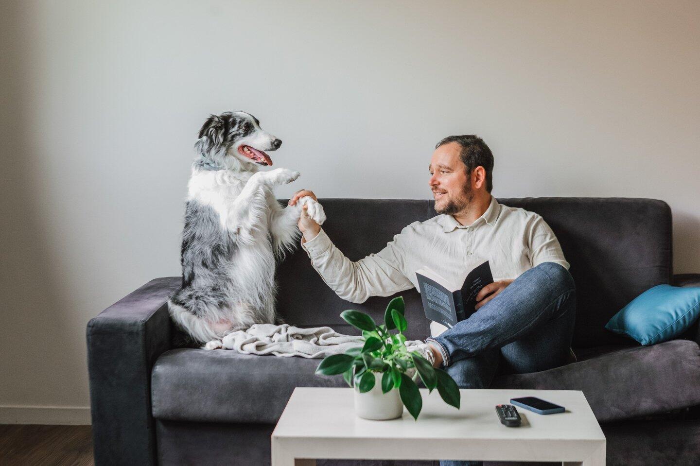 In an Appart'City apartment, a smiling man sitting on a sofa shakes the paw of his Border Collie dog, with a remote control and a book placed nearby, creating a cozy atmosphere.