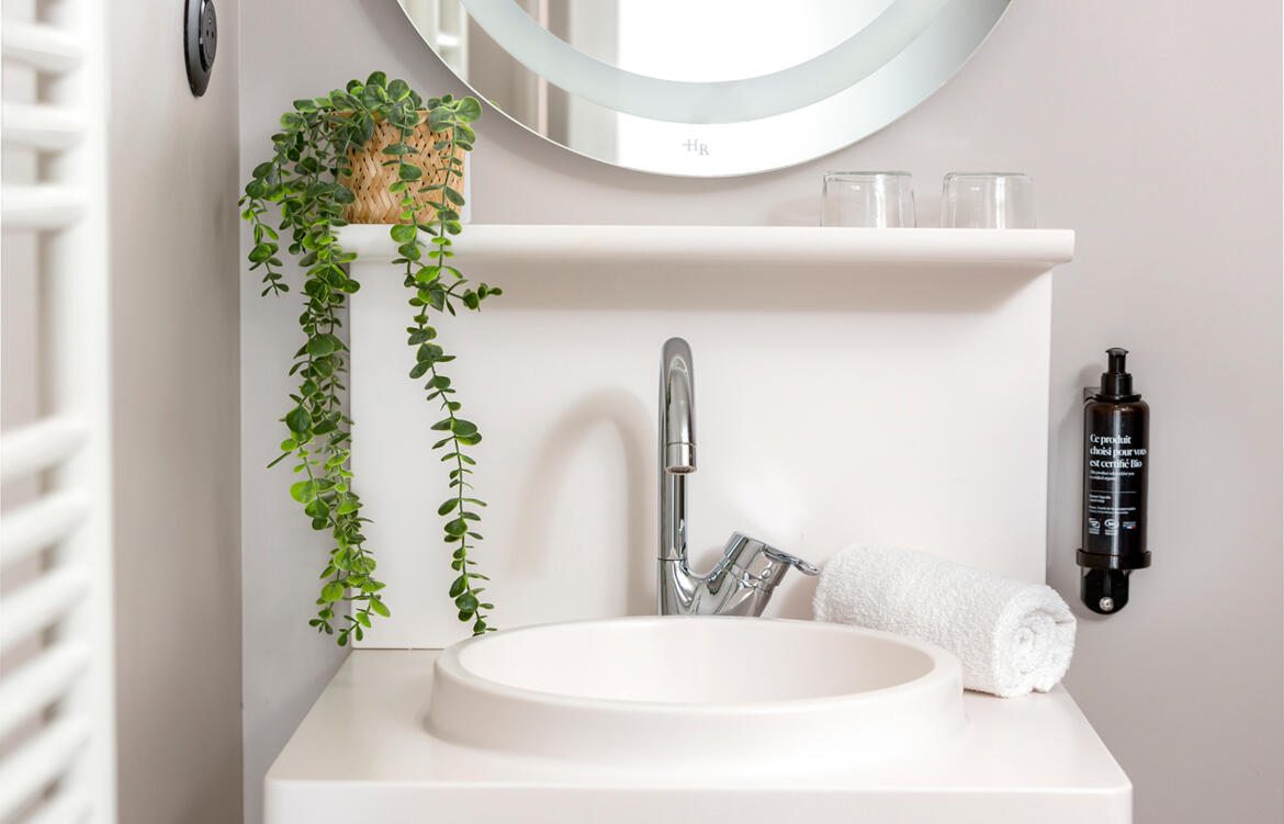 Clean and well-kept bathroom with sink, rolled towel and decorative plant – Appart’City serviced apartment